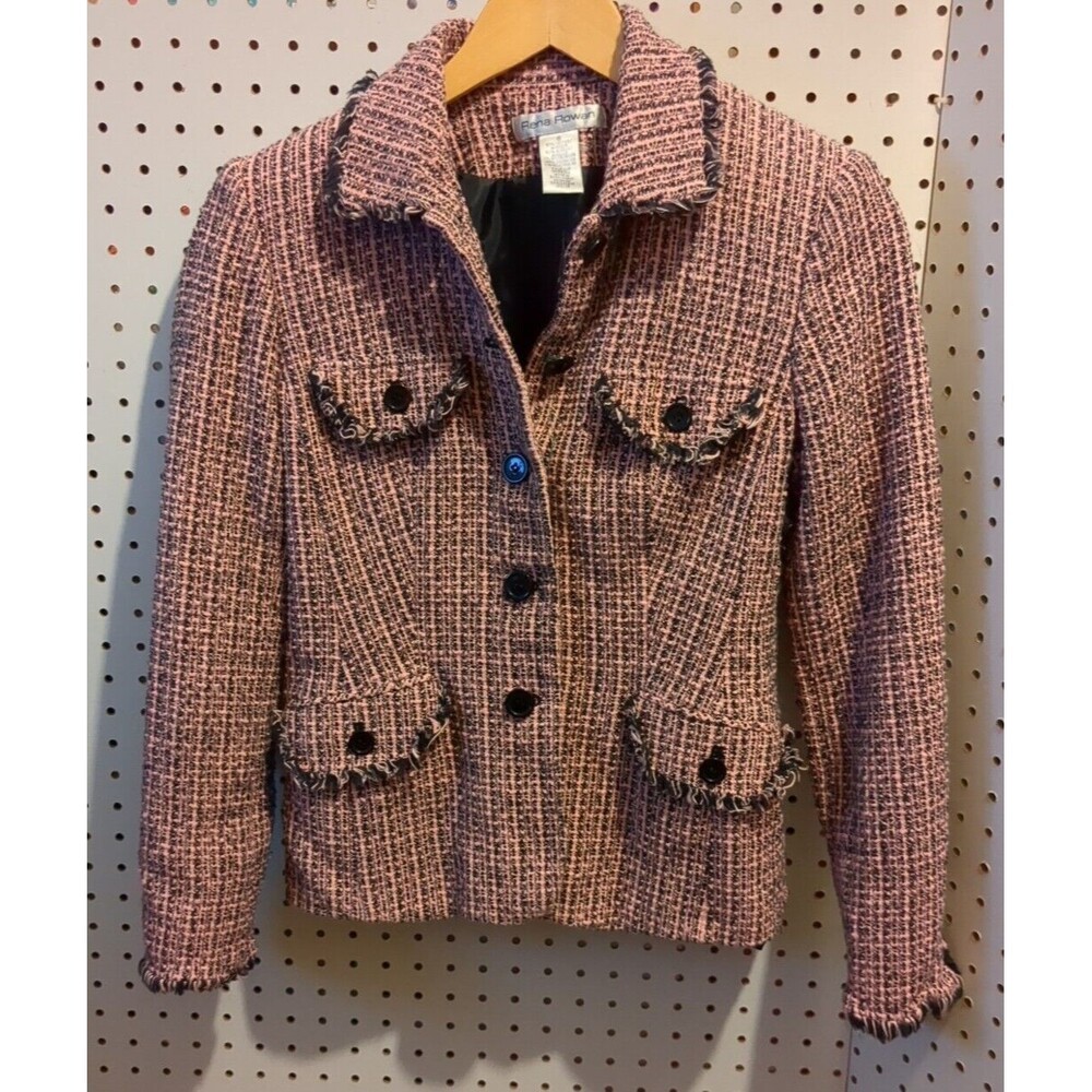 Rena Rowan Womens Jacket Blazer Fringed Tweed Size 6 Pink Black Barbie
